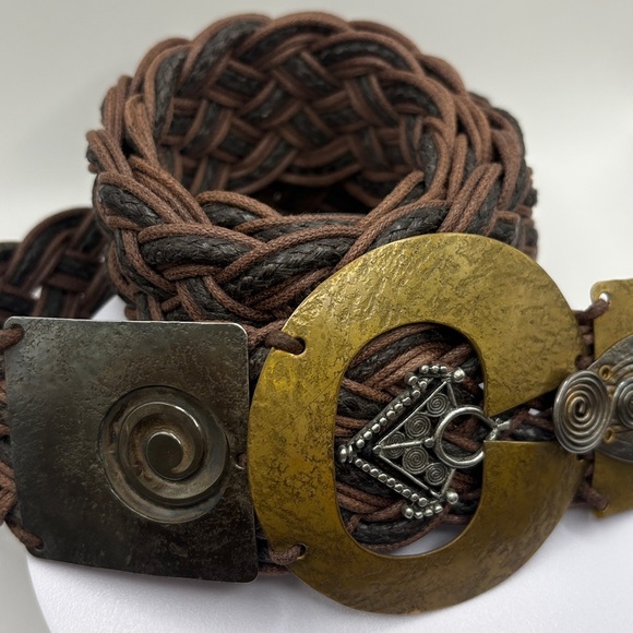 Vintage Signed Marjerie Baer Brown Wide Woven Belt Hammered Brass/Pewter Buckle main image 13